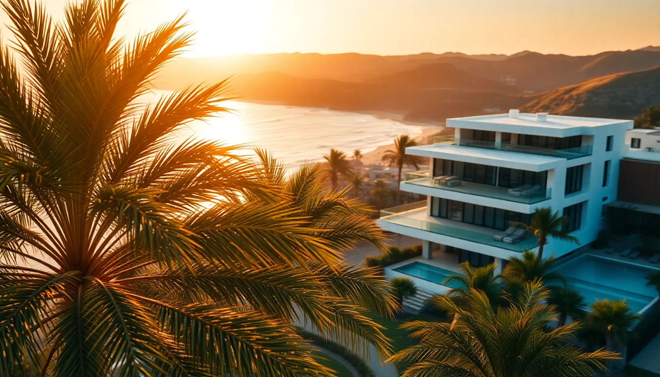 Showcasing luxury international real estate with stunning villas against a golden sunset.