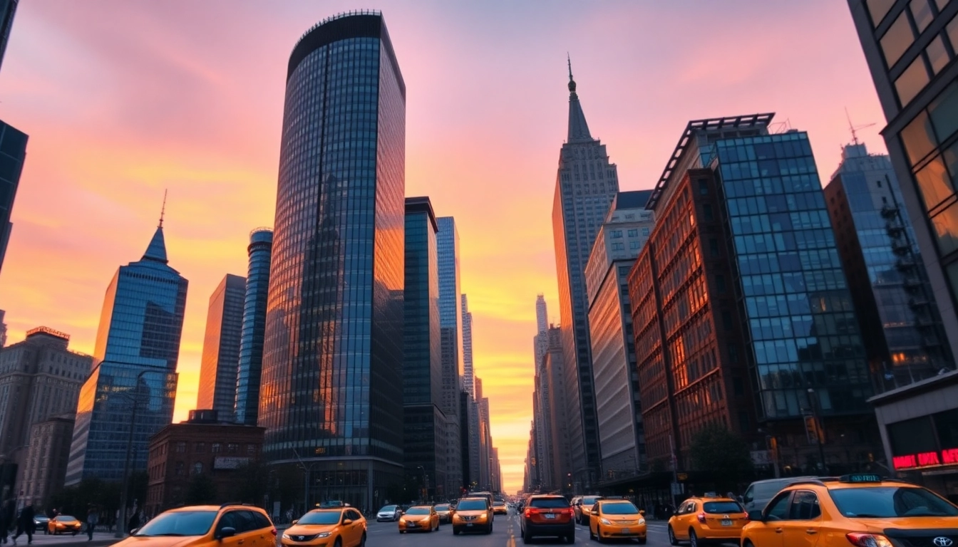 Experience a vibrant cityscape of New York NY at sunset, showcasing iconic skyscrapers and street life.