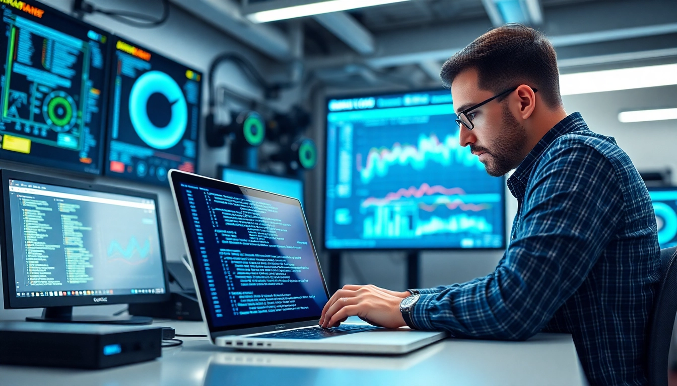 Penetrationstest an einem Laptop mit einem Cybersecurity-Experten in einem modernen Büro.