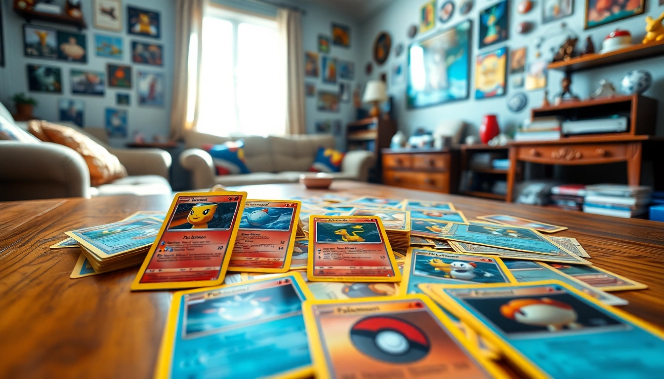 Showcasing real Pokémon cards on display, featuring rare designs and vibrant colors for collectors.