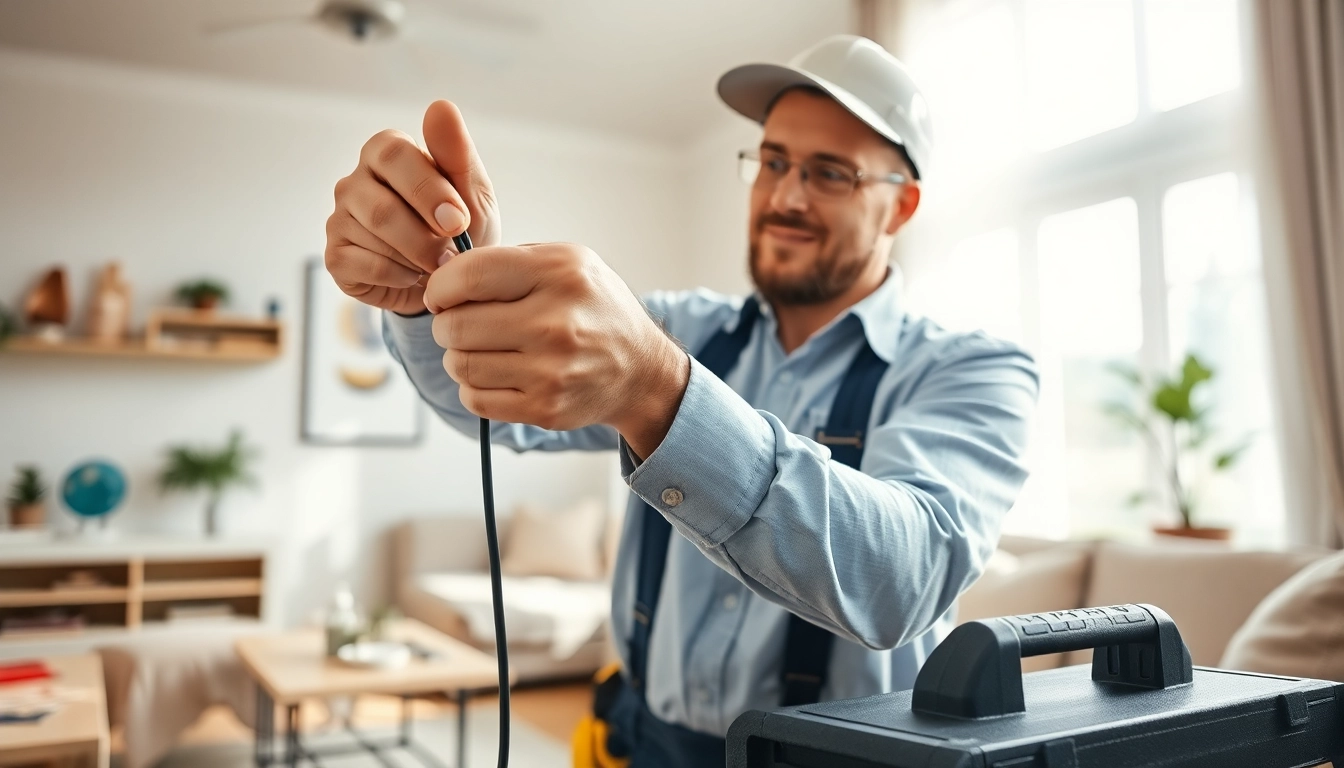 Professional working on Electrical Service in a bright living room with modern decor.