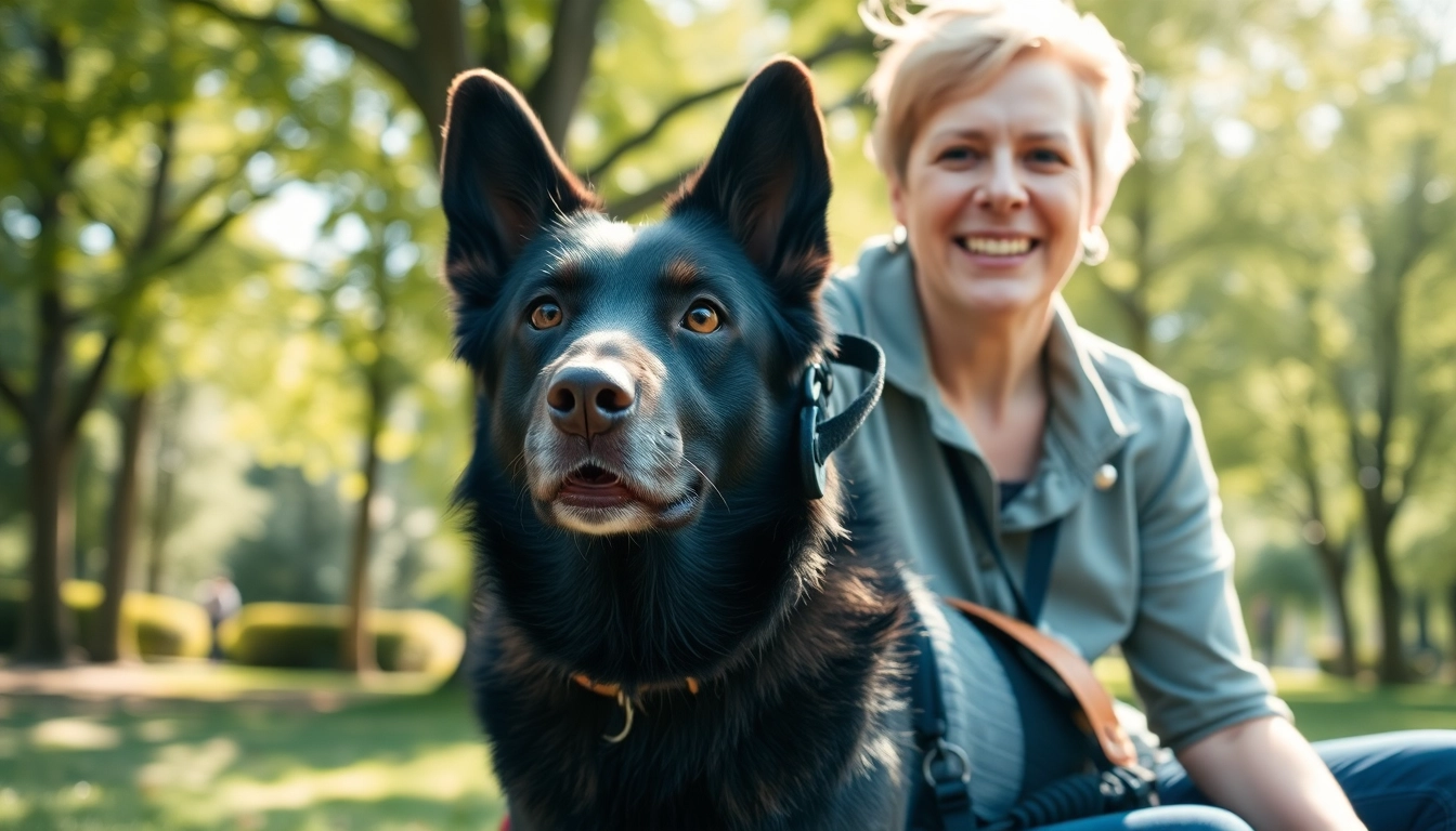 Explore service dogs for sale with a friendly dog and handler enjoying a sunny day in the park.