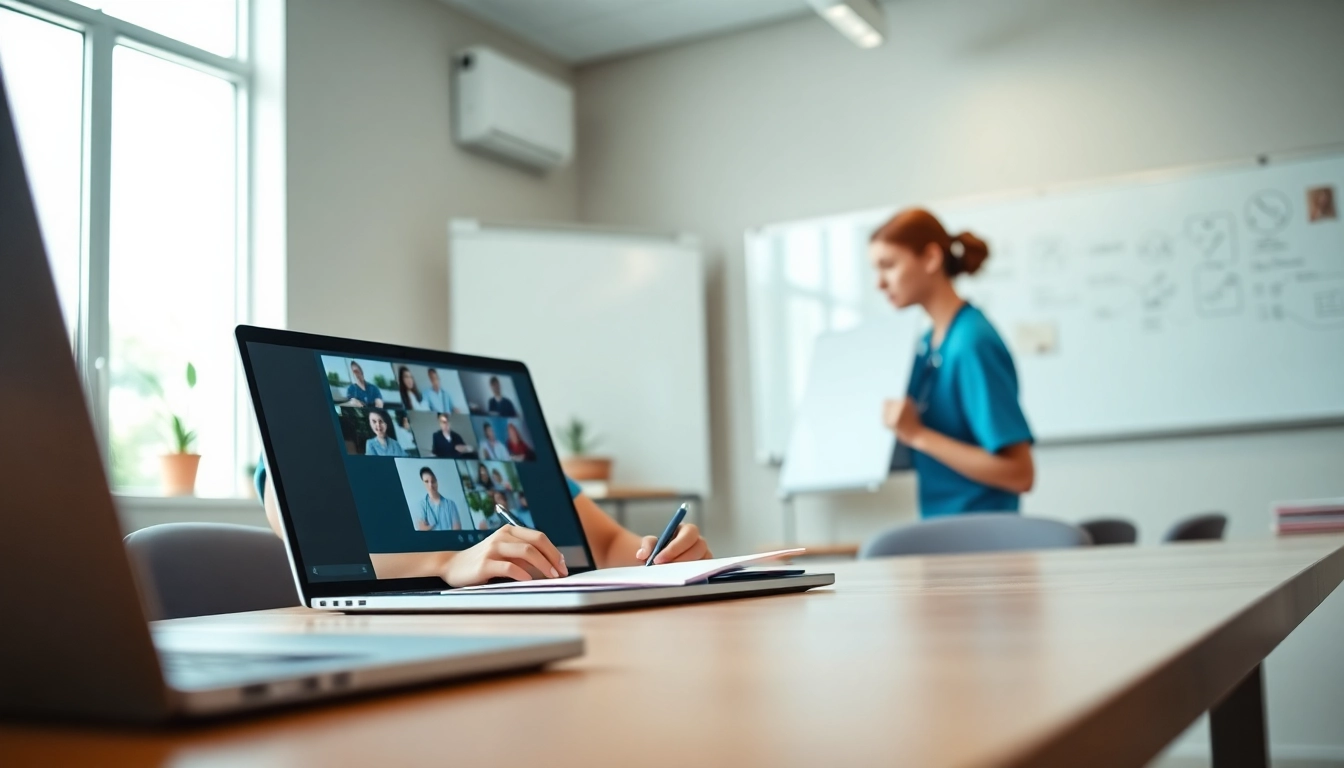 Nurse learning rn ceus online in a modern classroom environment with a laptop.