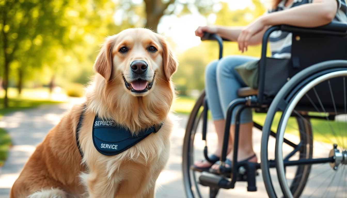 Get a service dog assisting a person in a wheelchair in a sunny park, symbolizing companionship and support.