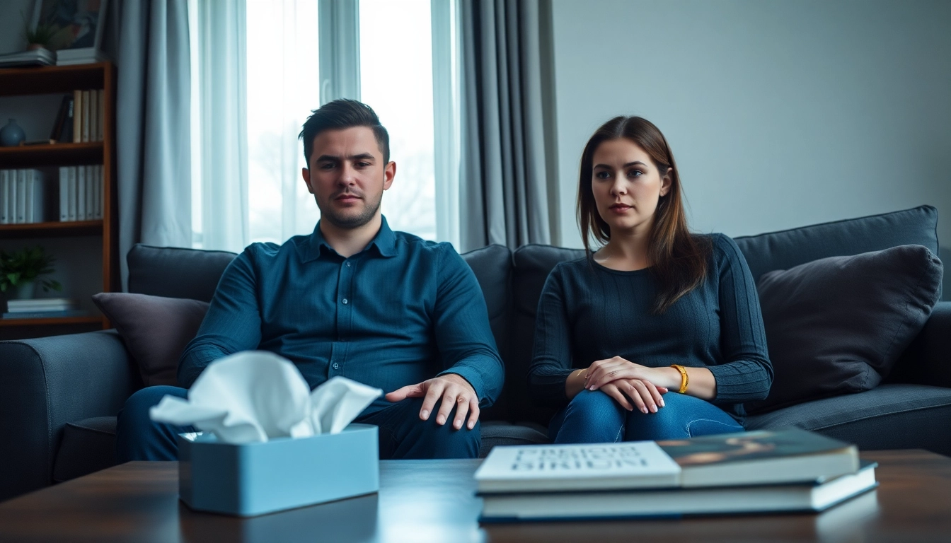 Reflective moment on a relationship breakup, featuring a couple in a somber living room.