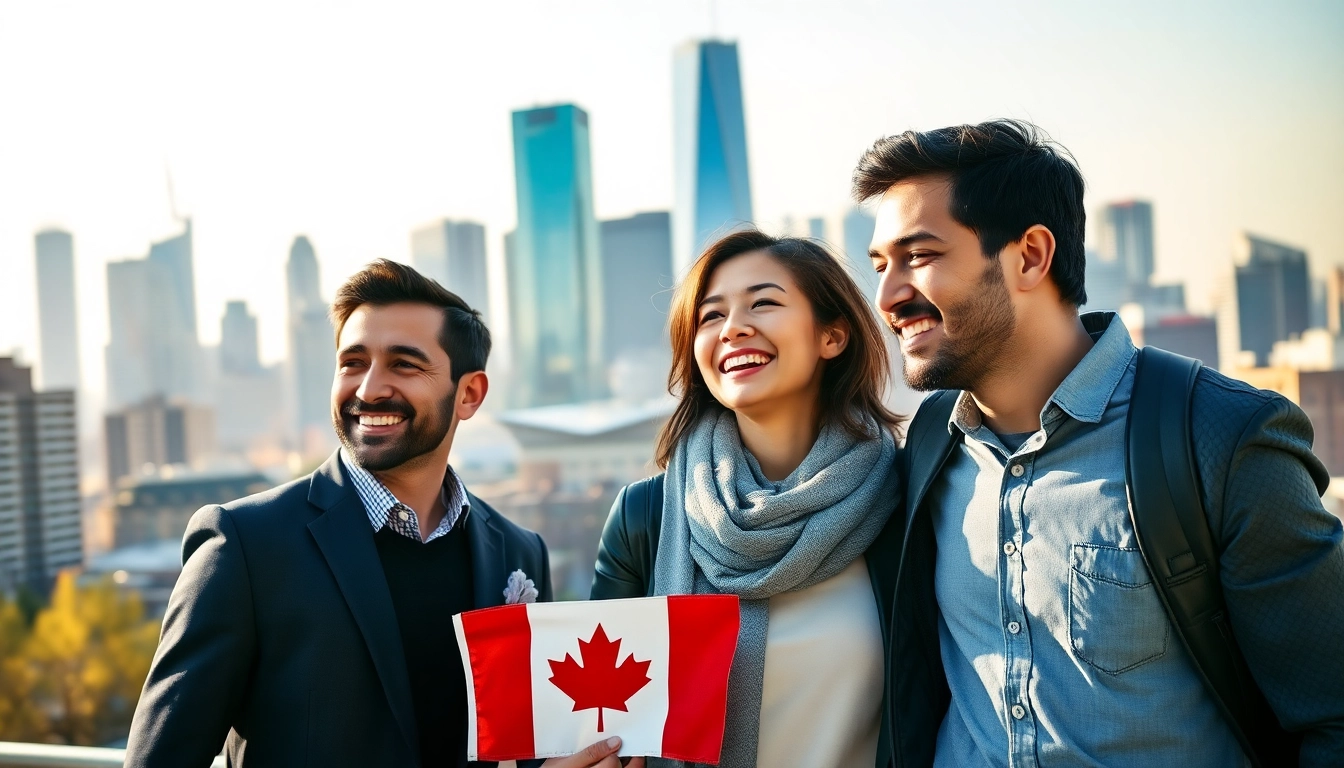 Celebrating family representing Canada immigration in an urban setting with joyful expressions.