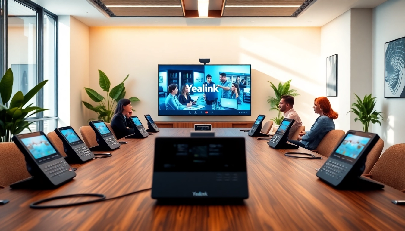 Showcasing a Yealink video conferencing setup in a modern office with stylish IP phones.