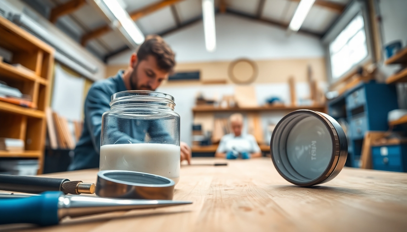 Applying laminating resin in a workshop with tools and a jar showcasing its texture.