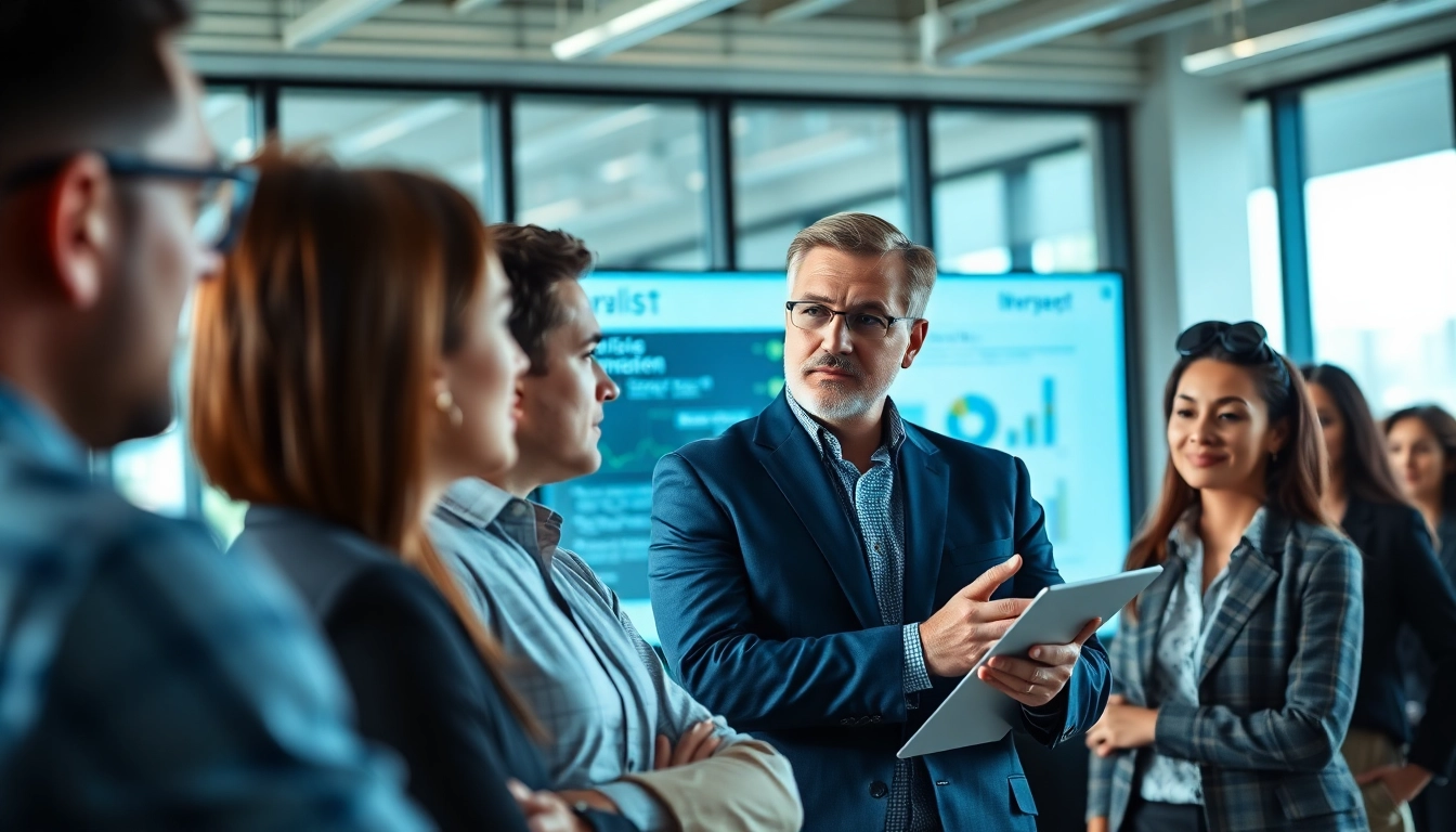 Crisis management consultant advises a team in a modern office setting, illustrating expertise and leadership.
