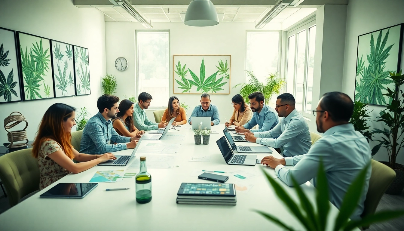 Cannabis marketing agency team collaborating in a modern office environment.