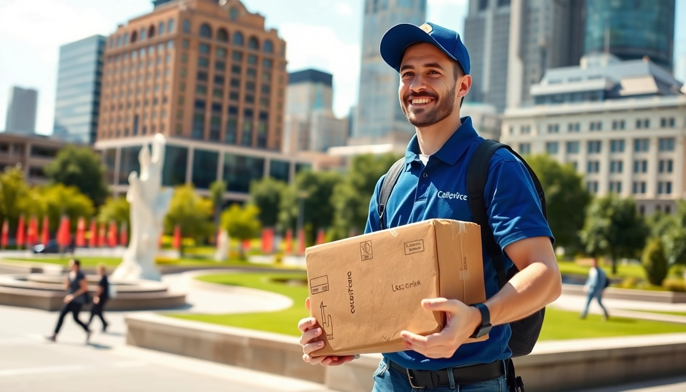 Shropshire courier delivering packages with professionalism in a vibrant urban landscape.