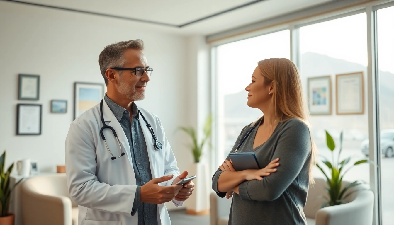 Concierge doctor Las Vegas consulting with patient in a modern, inviting medical office.