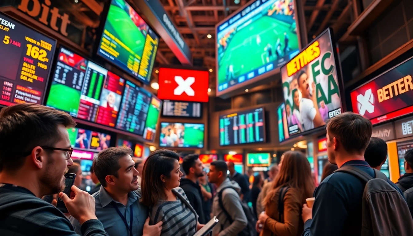 Engaged bettors enjoying sports betting with vibrant screens and a lively atmosphere.