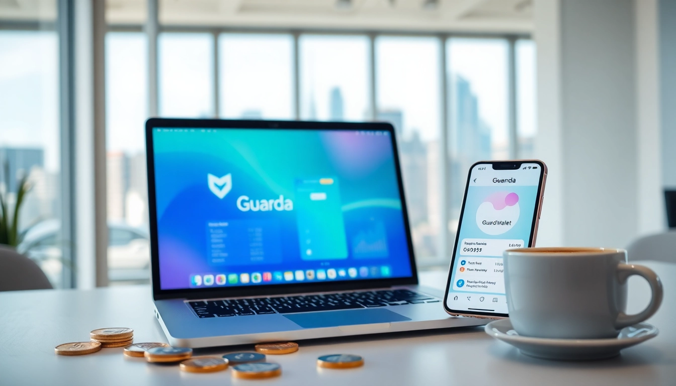 Showcase the guarda wallet interface on laptop and smartphone, illustrating a modern crypto setup.