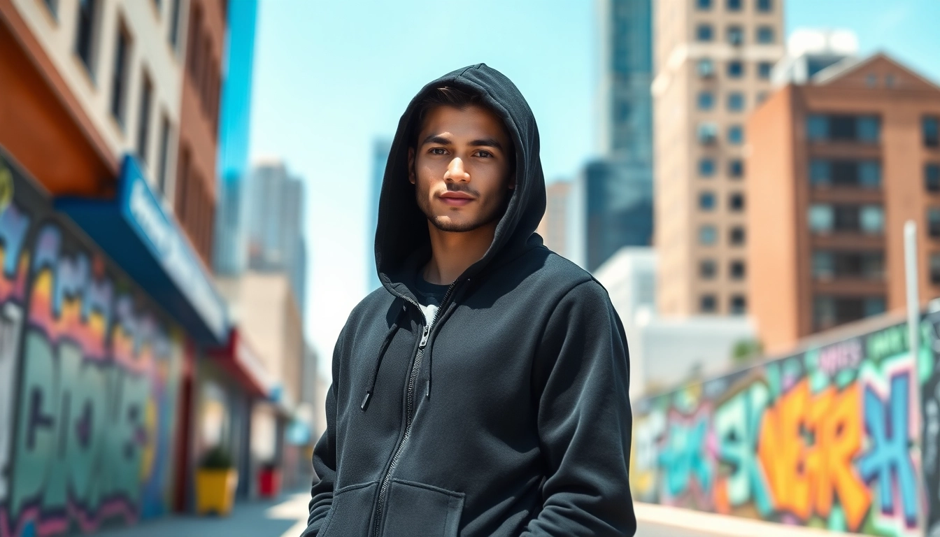 Model showcasing a sleek black zip up hoodie in an urban setting with a stylish demeanor.