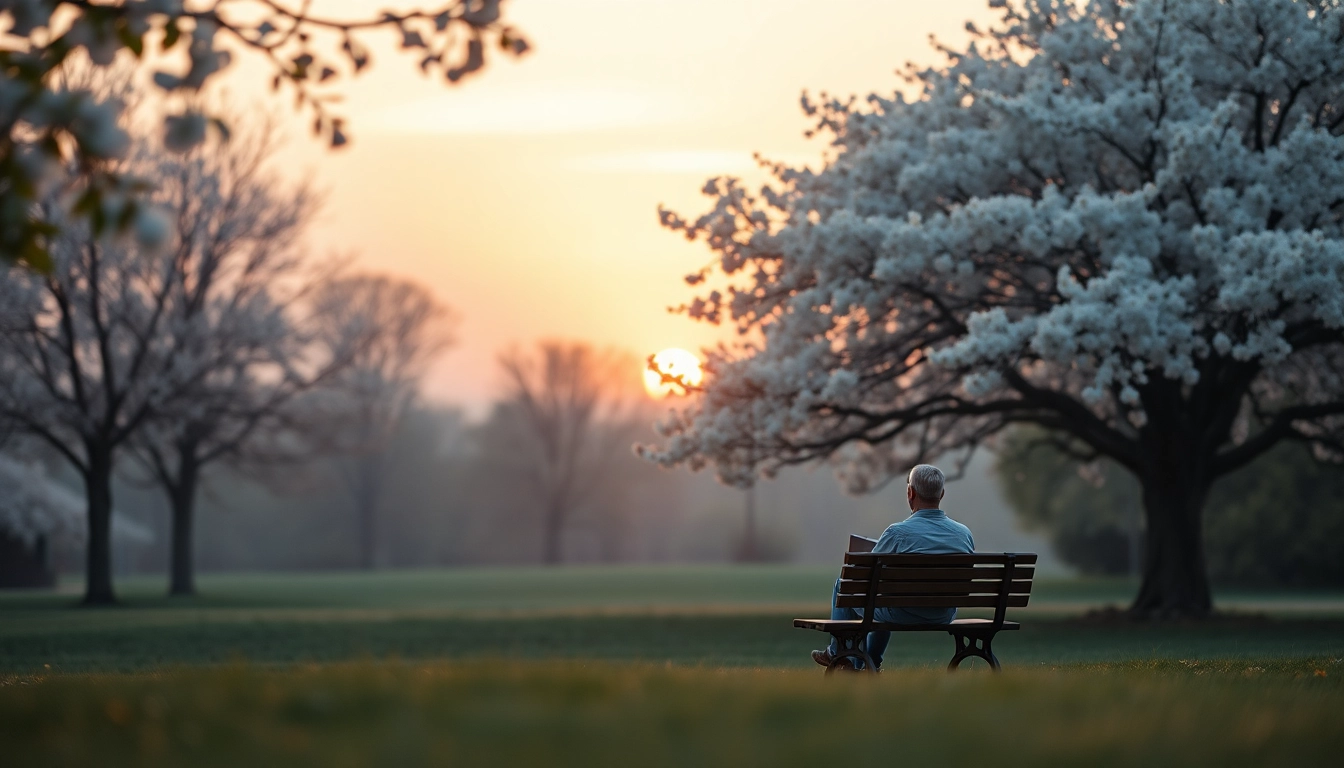 Reflecting on dealing with grief in a serene park setting under a flowering tree.