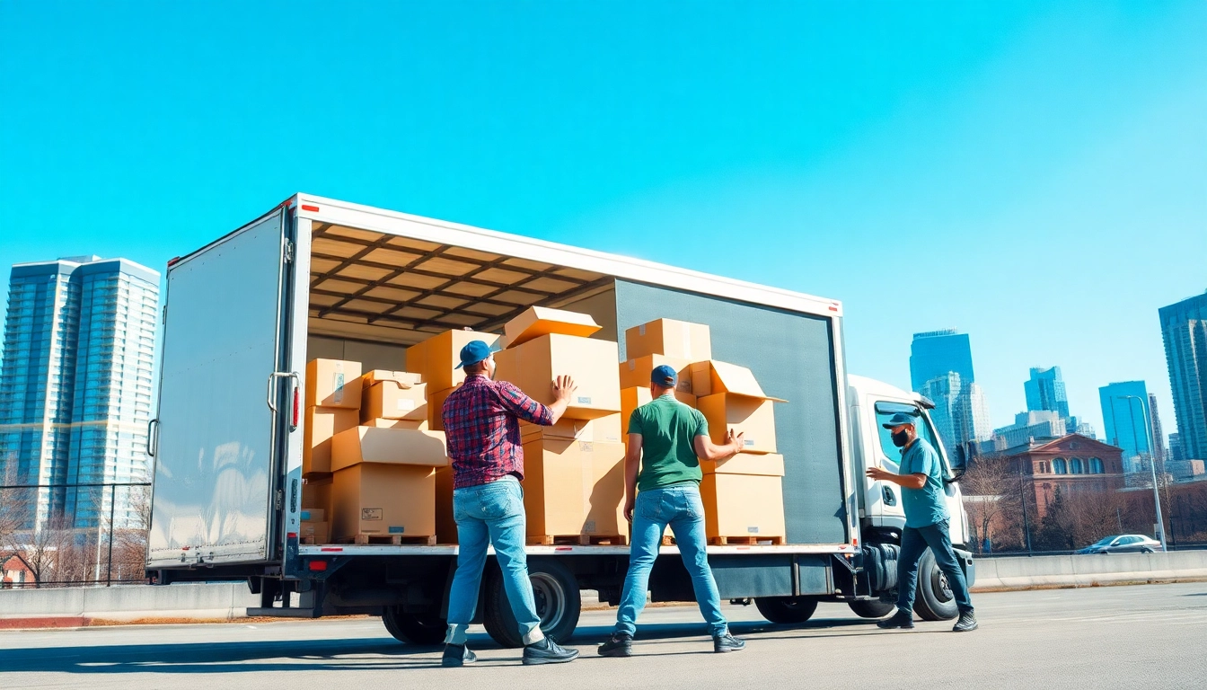 Local Toronto movers efficiently loading a moving truck in a vibrant urban setting