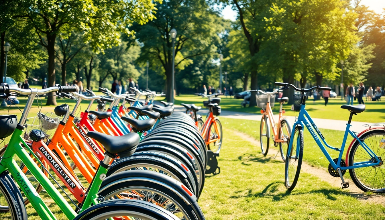 Discover the exciting bike rental service in an urban park, featuring colorful bicycles and happy visitors.