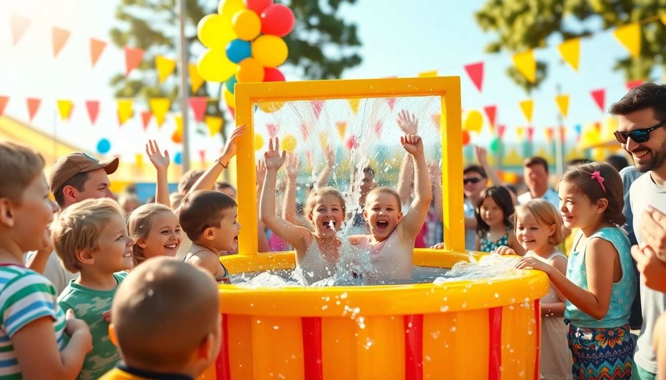 Dunk tank splashing water at a lively outdoor event with excited participants