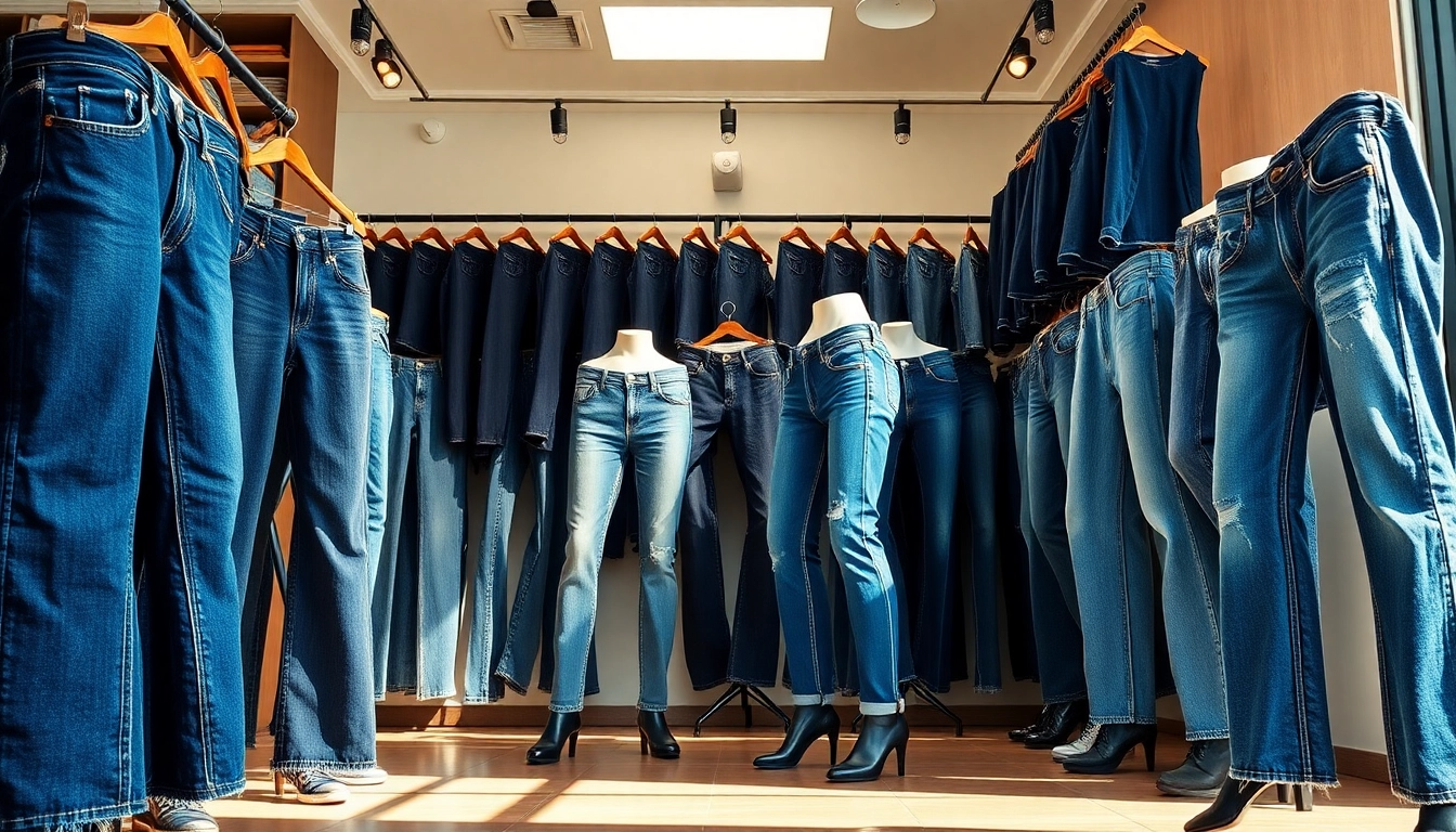 Showcase of wholesale jeans manufacturers featuring diverse designs and textures in a chic retail display.