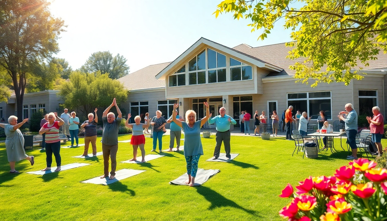 Active seniors enjoying a sunny day at the Howard Lieburn Senior Center, engaging in yoga and social activities.