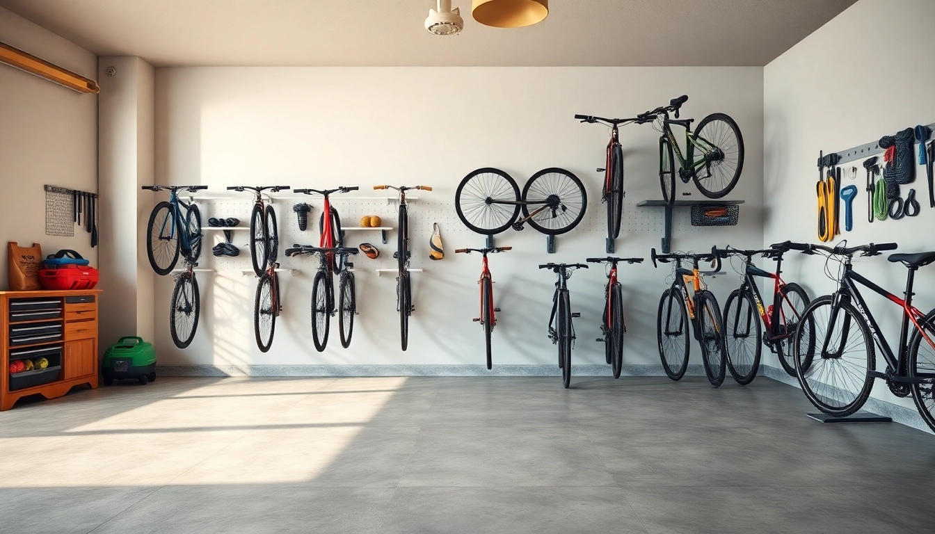 Organized wall-mounted bike storage system showcasing multiple bicycles in a modern garage.