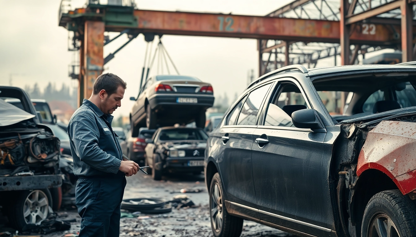 Auto złom Śląsk - Mężczyzna bada samochód w złomowisku na Śląsku przy użyciu narzędzi.