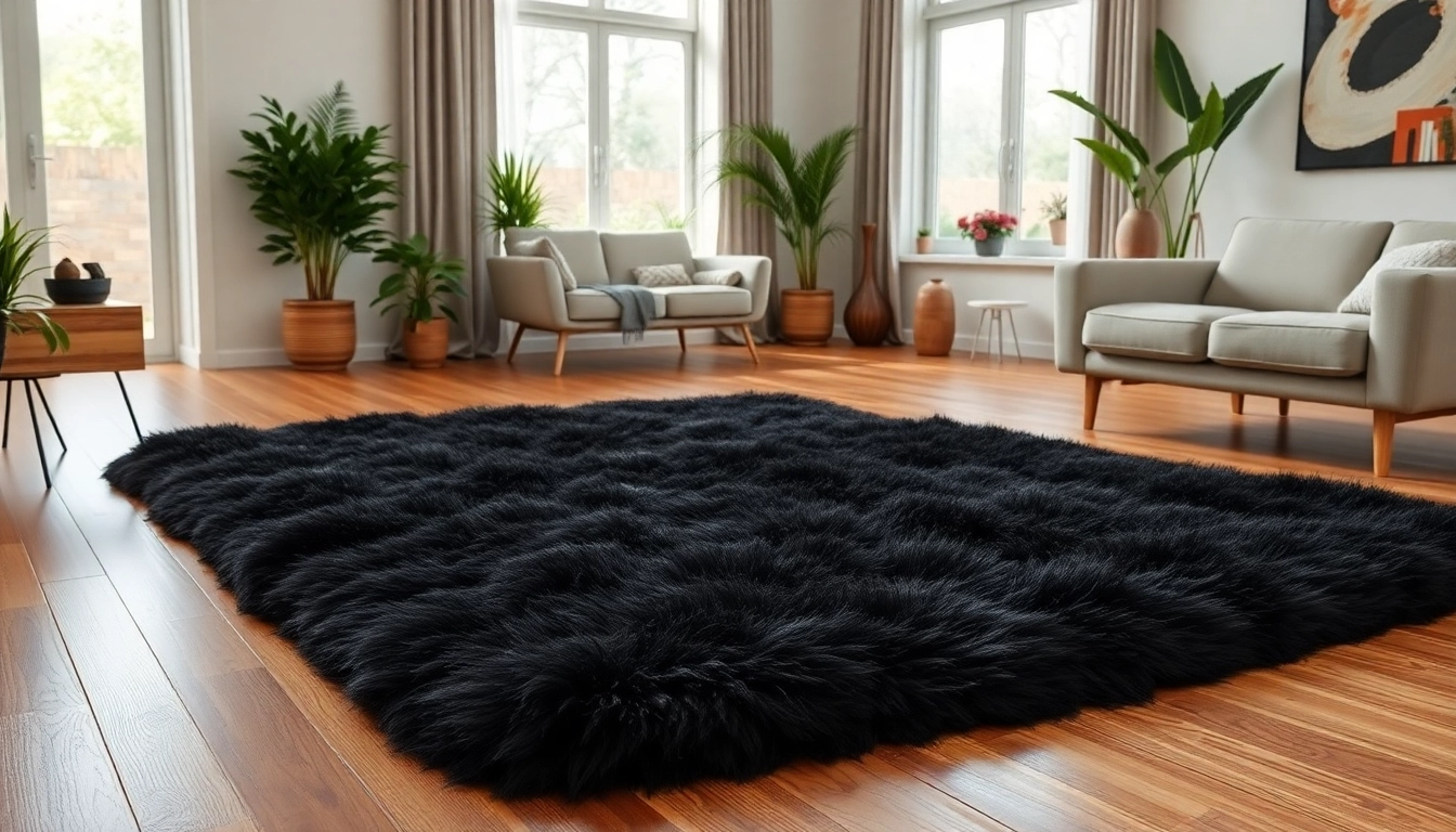 Enhance your space with a luxurious black sheepskin rug on a warm wooden floor.