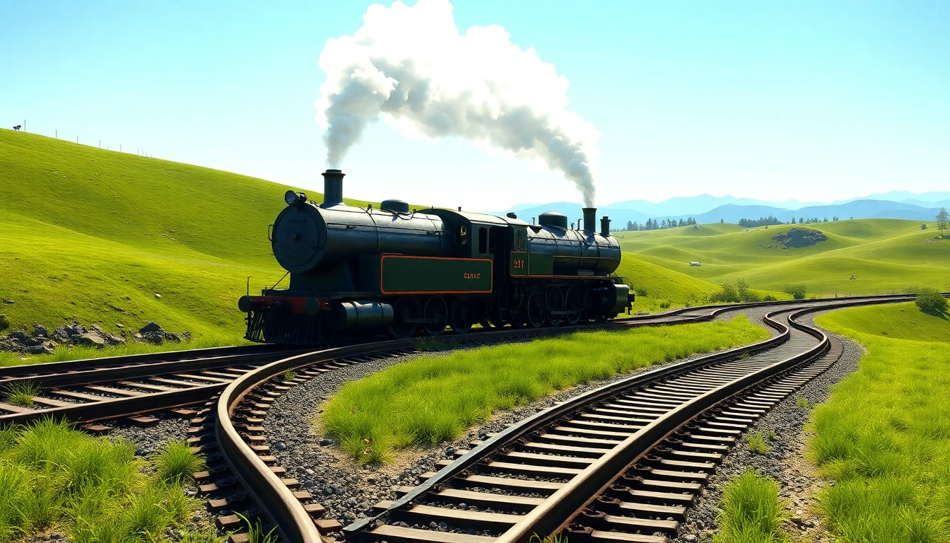 Experience the charm of the railroad tycoon download game with a vintage steam locomotive in a beautiful landscape.