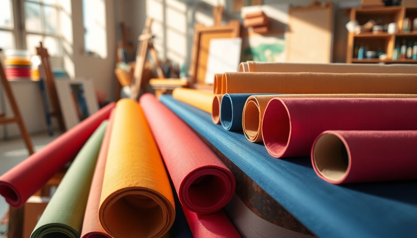 Canvas stoffen in levendige kleuren en texturen prachtig uitgestald in een studio.