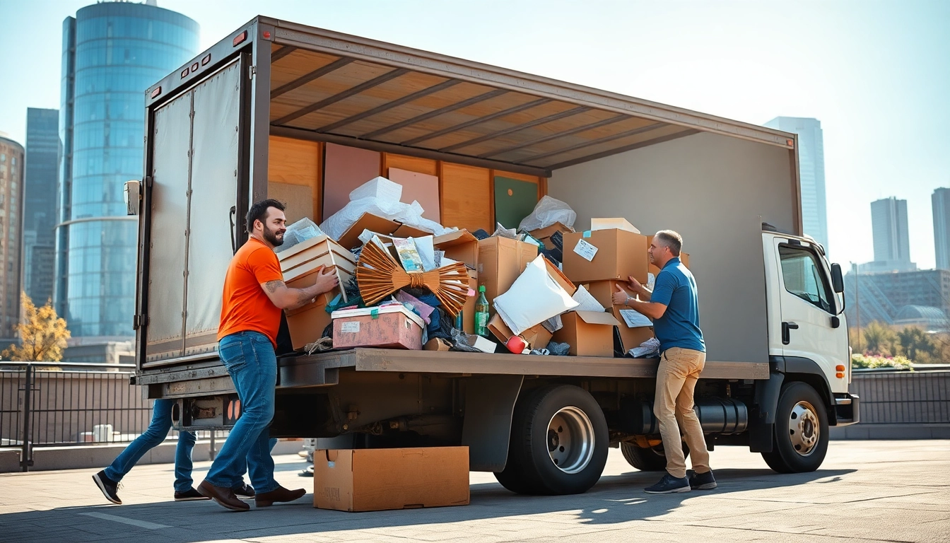 Efficient junk removal near me featuring a team loading items into a truck in a bustling city.