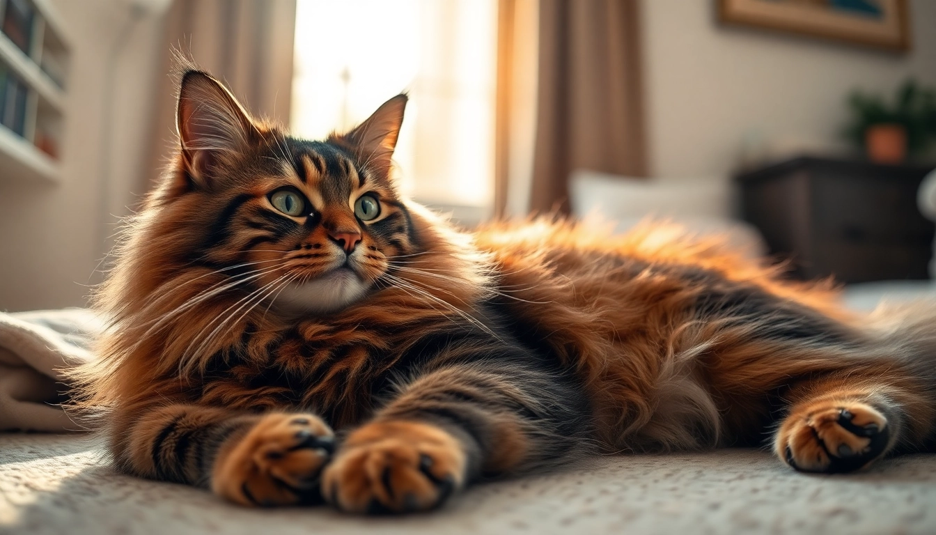 Maine Coon cats for sale Sacramento depicted as a majestic, relaxed cat in a cozy home environment.