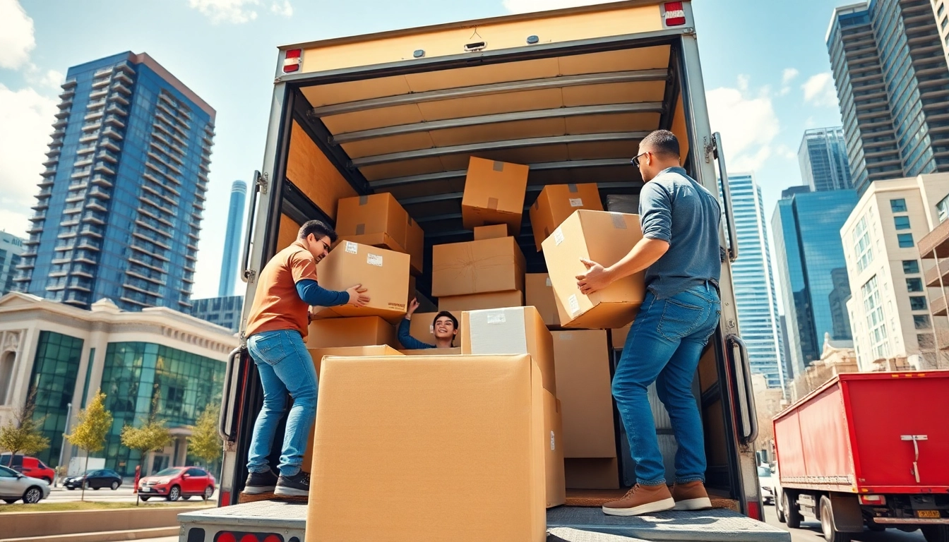Moving companies Toronto professionals carrying boxes in a truck with the Toronto skyline.