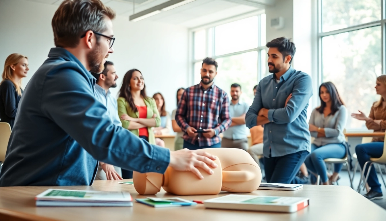 First Aid training session illustrating CPR techniques with engaged participants in a modern classroom.