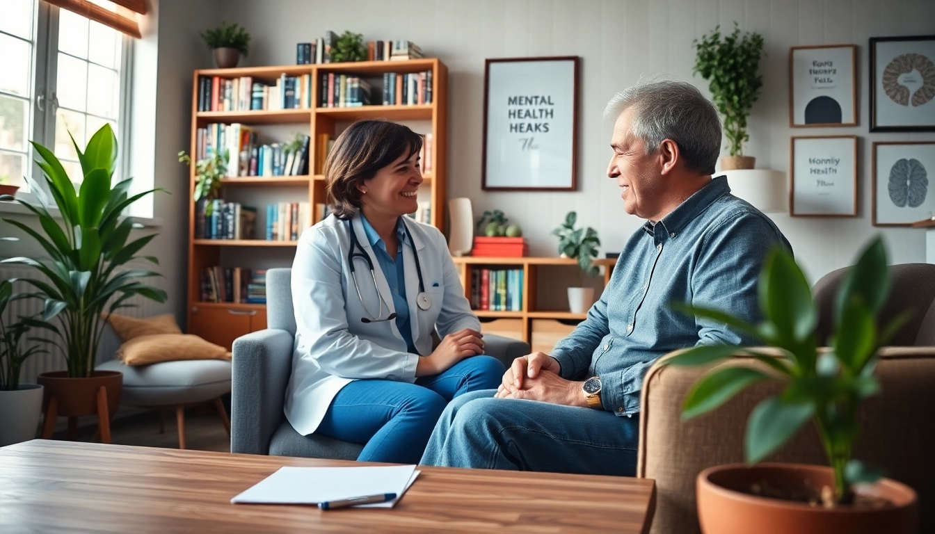 Psychiatrist consulting with a patient in a welcoming therapy office.