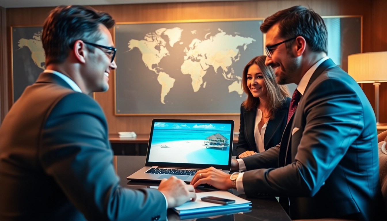 Luxury travel concierge services assisting clients with personalized travel planning in a sophisticated setting.
