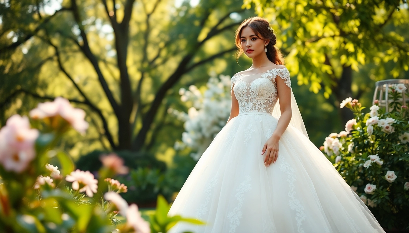 Model wearing stunning Ball Gown Wedding Dresses in a picturesque garden full of blooming flowers.