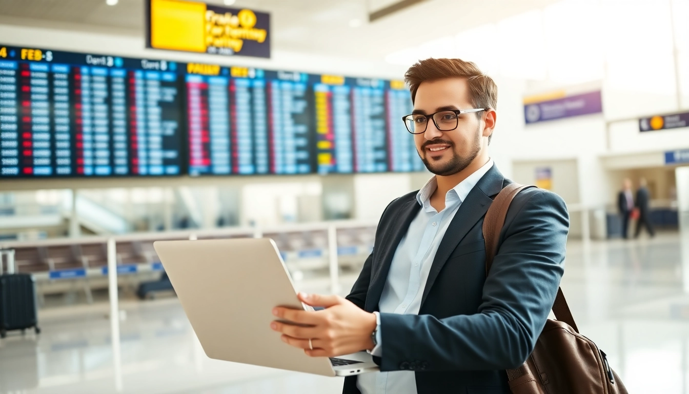 Book cheap flights while exploring a bright airport terminal for great travel deals.
