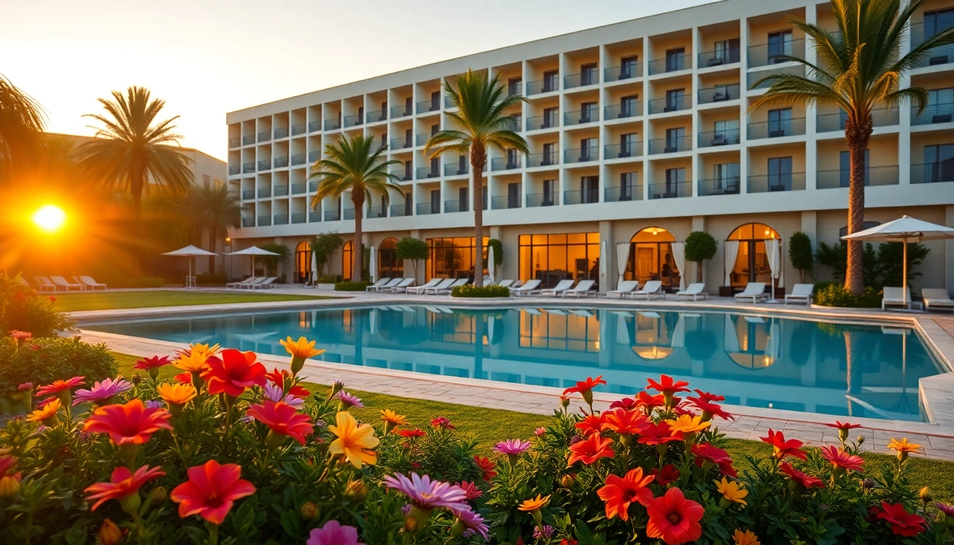 A hotel with modern architecture surrounded by a garden and pool, inviting relaxation and leisure.