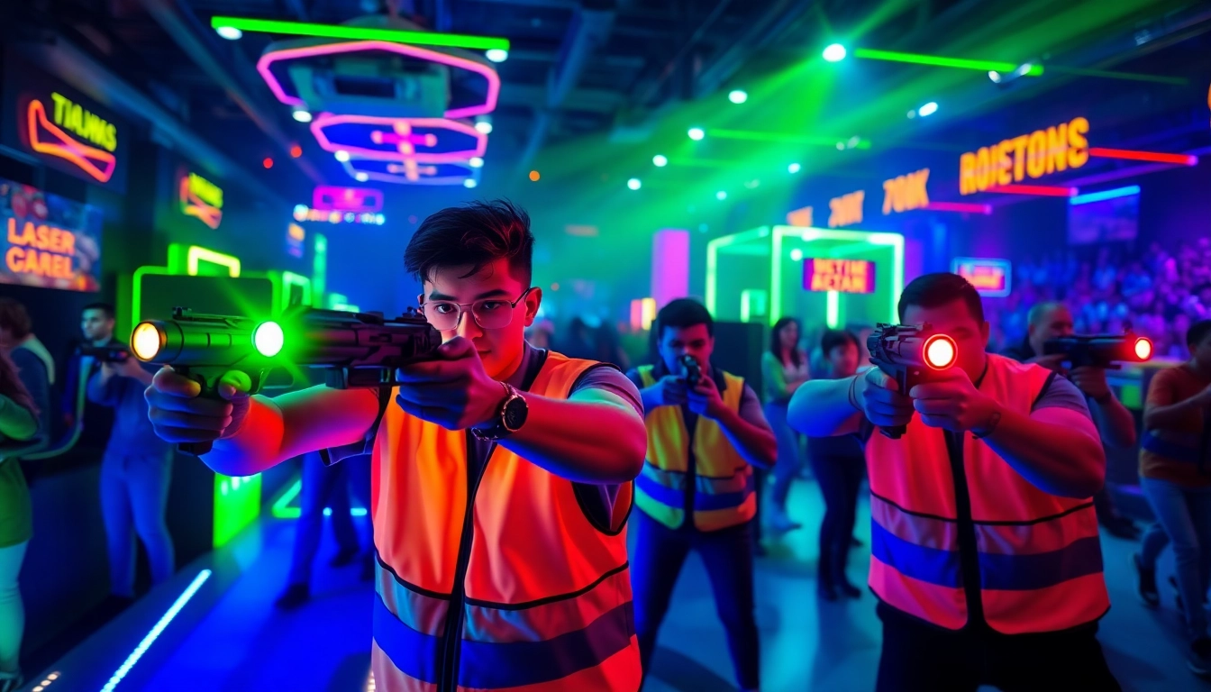 Exciting laser tag players in action, showcasing vibrant arena and colorful vests.
