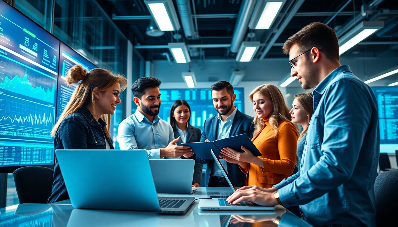 Data Remediation professionals collaborating in a modern office, showcasing technology and teamwork.