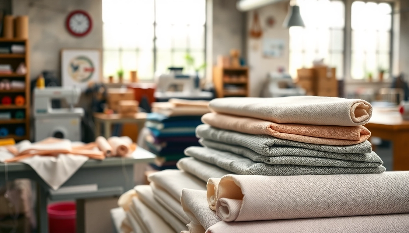 Katoen stofrollen in een creatieve werkplaats voor textiel, met verschillende texturen en kleuren.