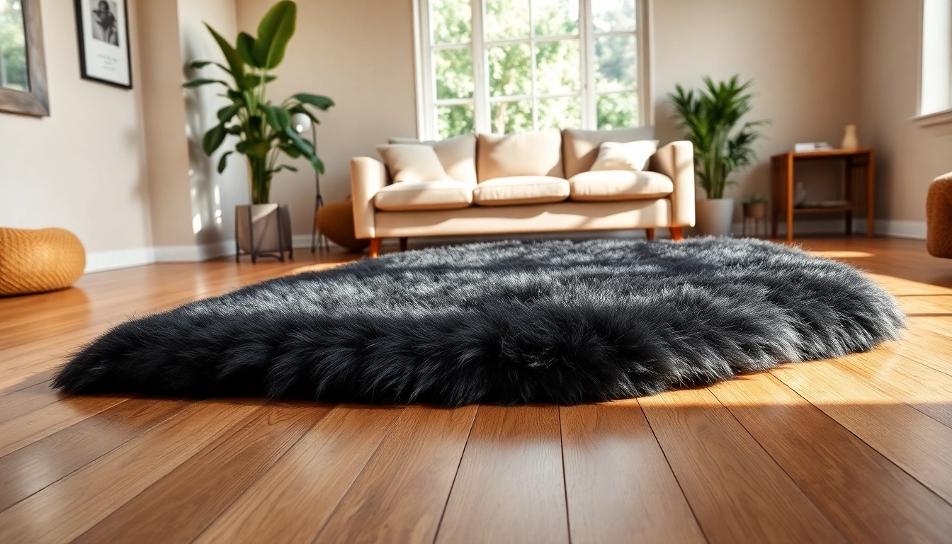 Transform your home with a plush Black sheepskin rug enhancing your warm living space.
