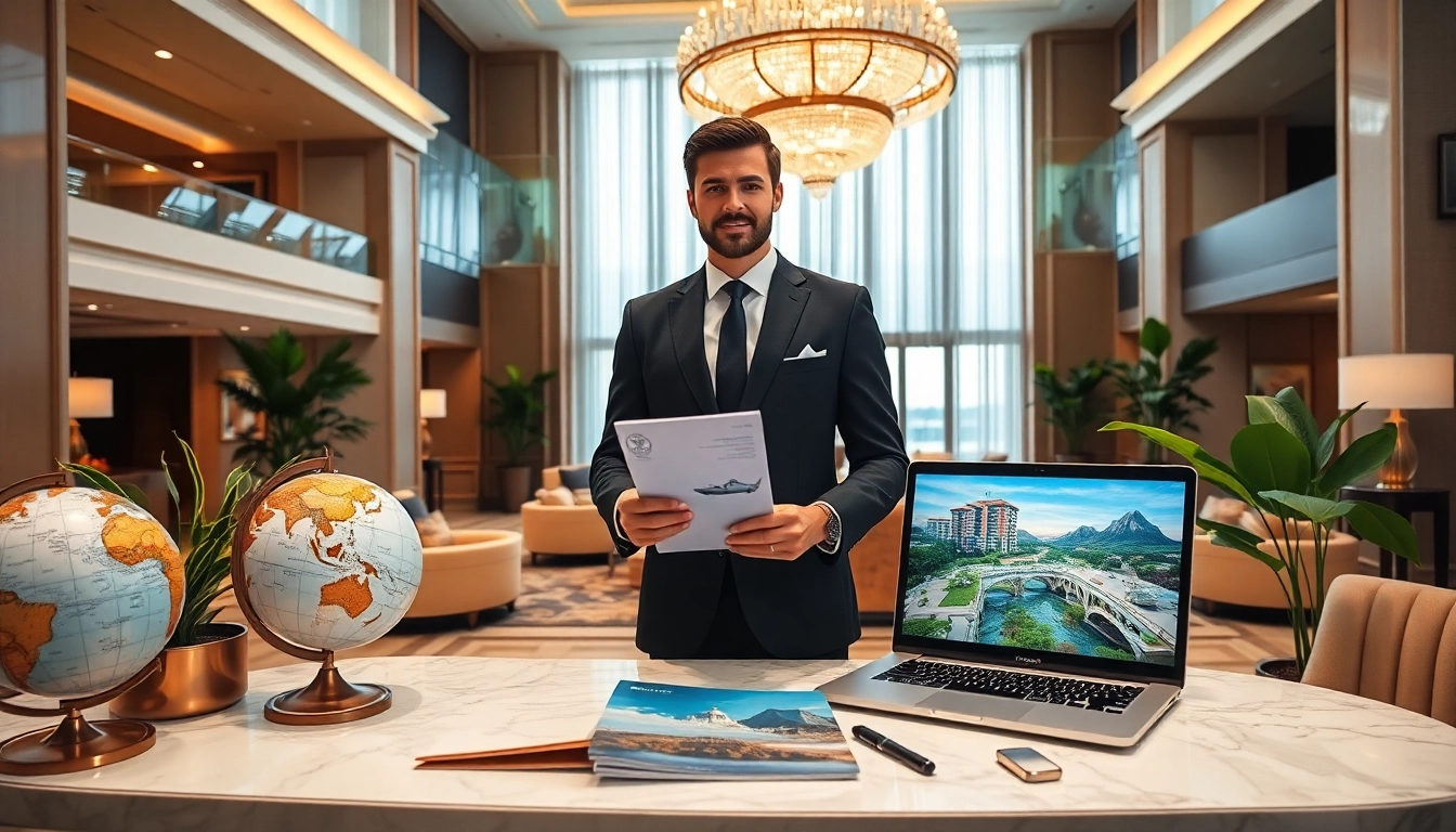 Luxury travel concierge services showcased with an elegant concierge and upscale travel accessories in a lavish setting.