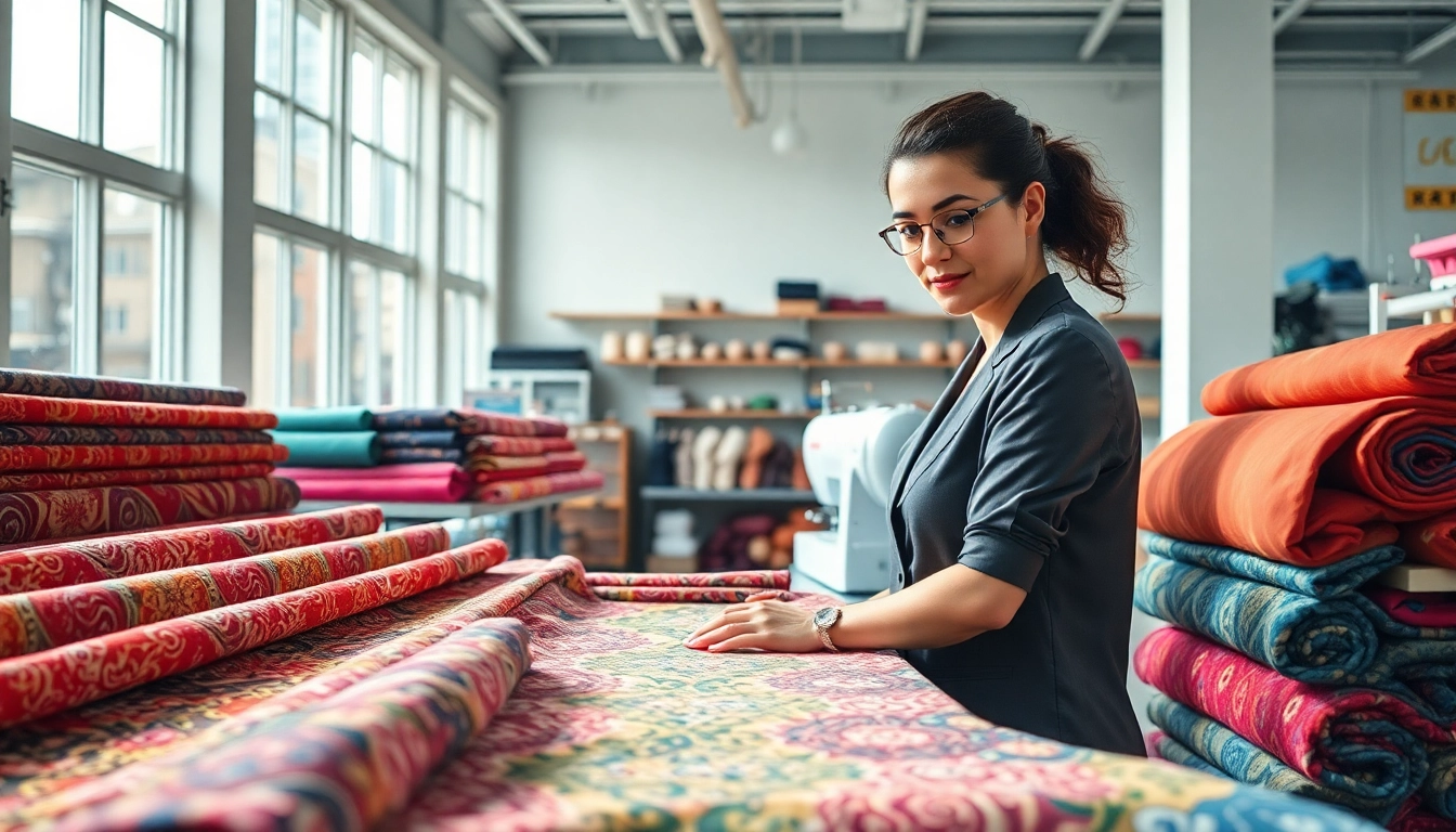 Punta di Roma stoffen in een modieuze naaiatelier, kleurrijke rolstof en designs.