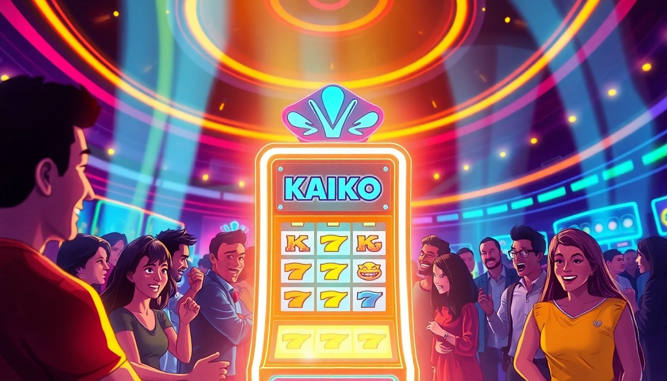 Kaiko slot machine yang bersinar dikelilingi pemain bersemangat dengan suasana kasino yang energik