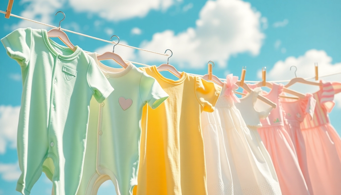 Explore adorable baby clothes hanging on a clothesline with pastel colors and soft textures.