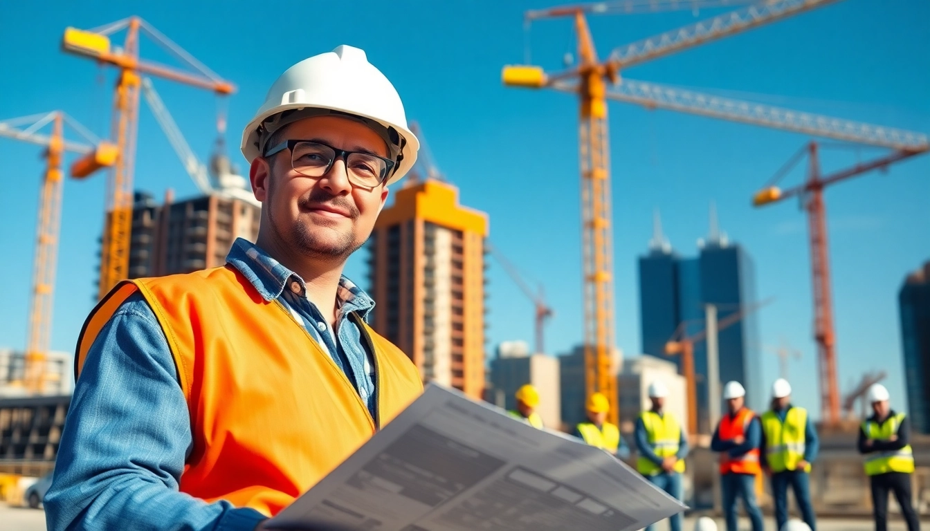 New York construction manager leading a diverse team on a bustling construction site
