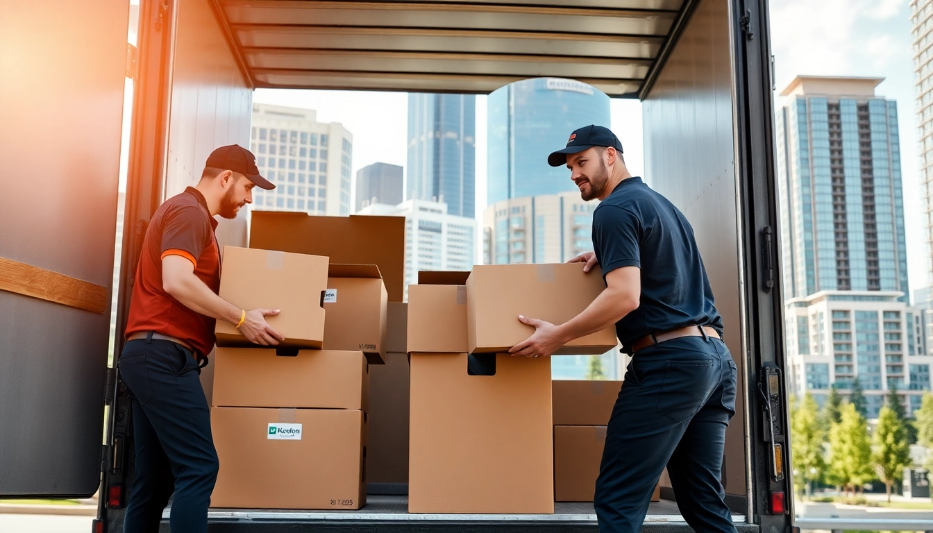 Movers Calgary assisting clients with a moving truck in a vibrant urban setting.