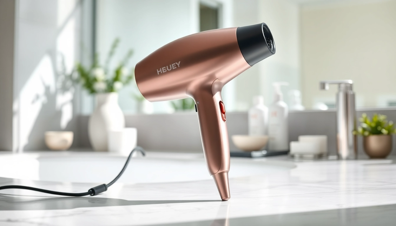 Using the best hair dryer for a professional finish on a stylish countertop.